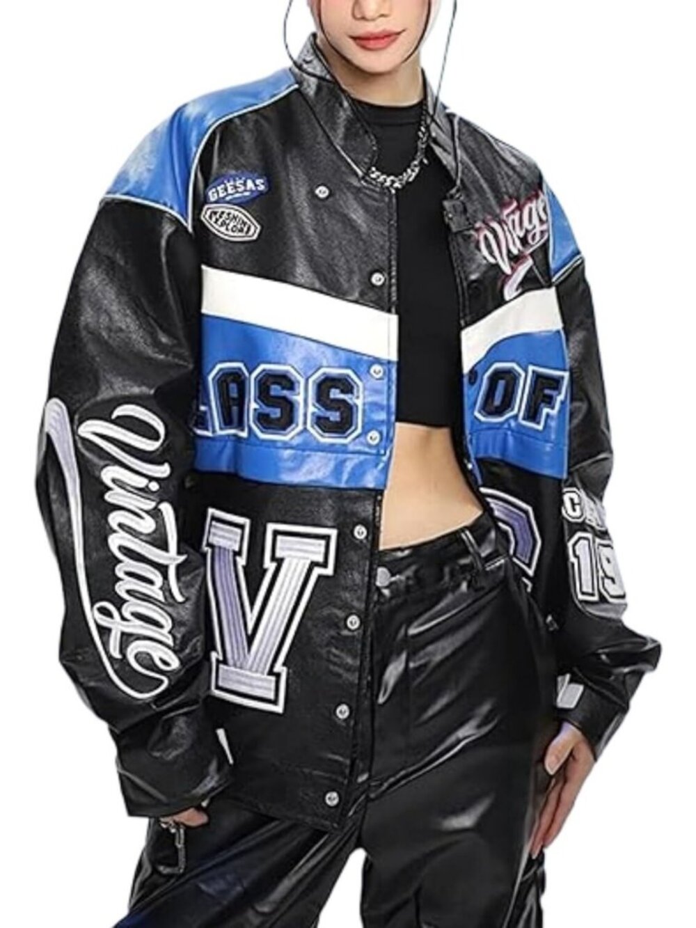 Oversized Vintage Leather Racing Varsity Jacket - Trendy Letterman Bomber Coat